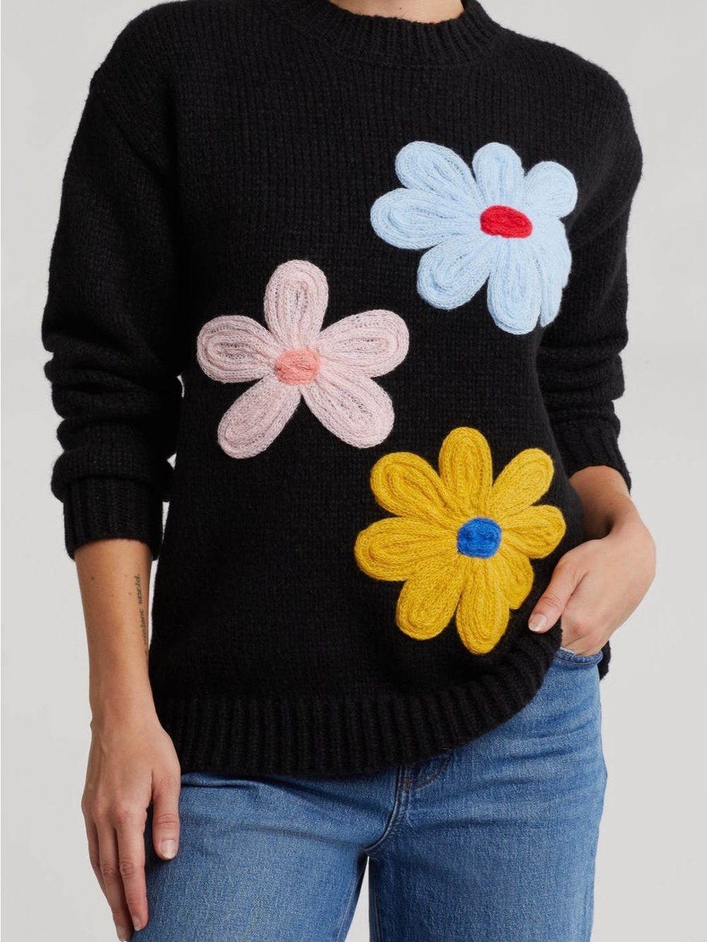 BY DESIGN Floral Applique Crewneck Sweater - Navy with Multicolor Flowers